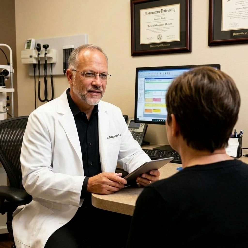 Dr. Brad Reedy, DO, consulting with a patient at Front Range Wellness & Aesthetics